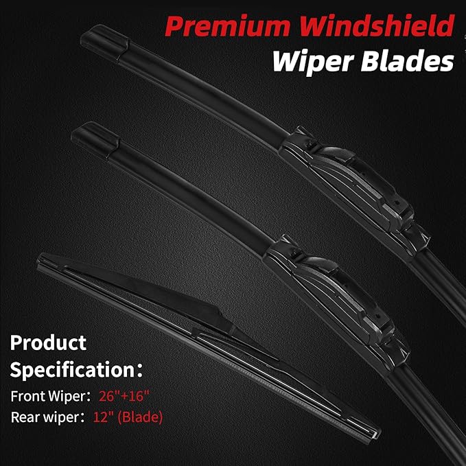 OTUAYAUTO Premium Windshield Wiper Blades - Replacement for Toyota RAV4 19-23, Mazda 5 06-15 - Precision Fit, All-Weather Performance, Front and Rear Wiper Blades, U Hook - 26"+16"+12" (Pack of 3)
