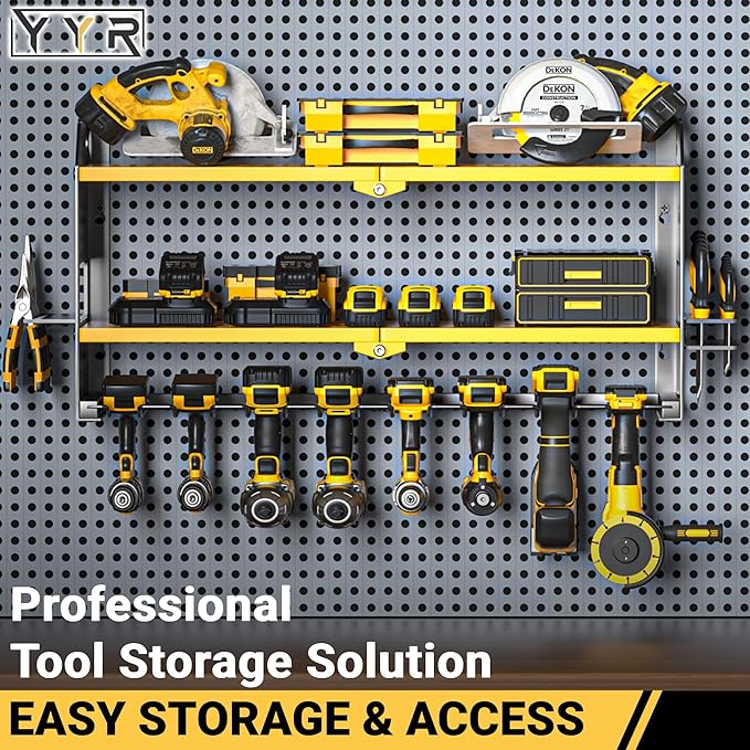 YYR Power Tool Organizer Wall Mount, Cordless Drill and Battery Holder, Electric Tools Hanger Storage Rack with Charging Station, Garage Organization Floating Shelf - Made of Heavy Duty Metal, Yellow