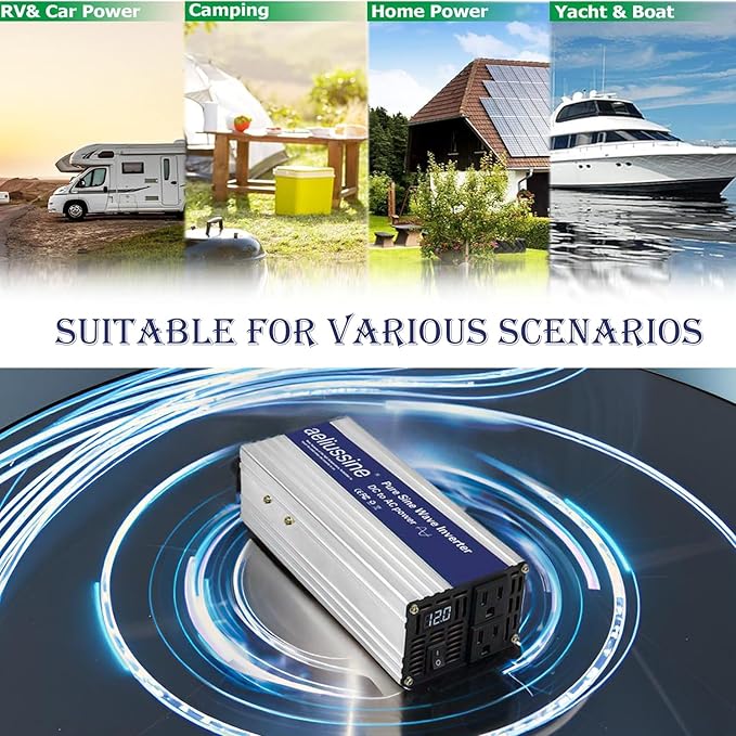 800W Pure Sine Wave Inverter-48V DC to 110V 120V AC Power Converter with 2 AC Outlets, 48 Volt Power Inverter for Truck, Rv, Camping, Home, Emergency Power