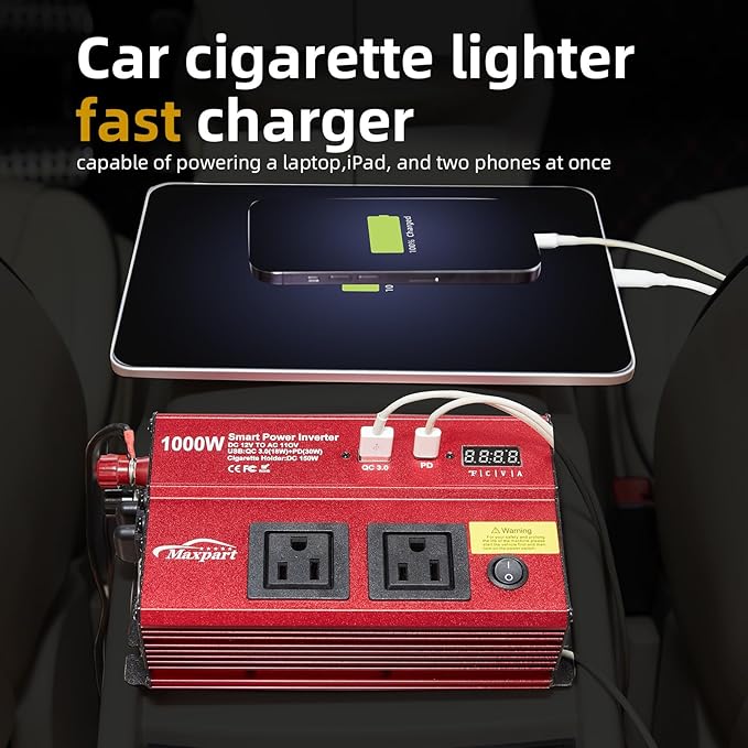 TWING Car 1000w Inverter,12v DC to 110v Power Inverters for Vehicles 1000 watt with Dual AC Outlets 3.0A USB and Type-C,12 Volt Inverter Car Cigarette Lighter Battery