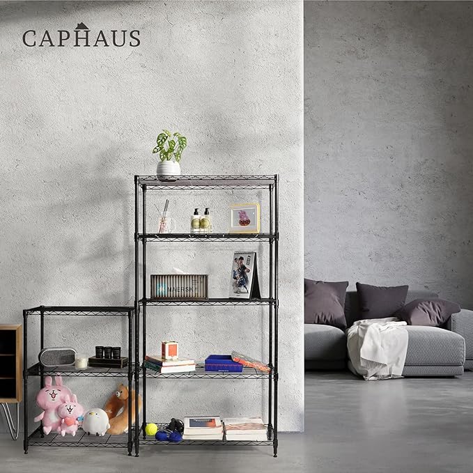 CAPHAUS 3/4/5-Tier Adjustable Height Wire Shelving Unit, Wire Rack Shelving, Metal Steel Storage Shelves, Garage Shelving Storage Organizer, Utility Storage Shelf, 5-Tier With Wheels, Black