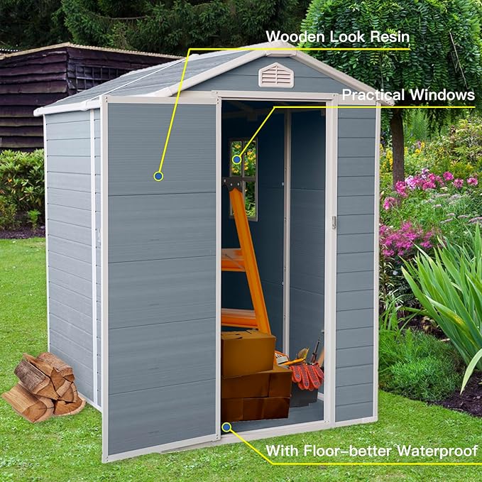 4x6 FT Outdoor Storage Shed, Resin Garden Shed with Thick Floor, Plastic Storage Shed with Window, Waterproof Outside Tool Shed with Lockable Hinged Door for Backyard, Patio, Lawn, Light Gray