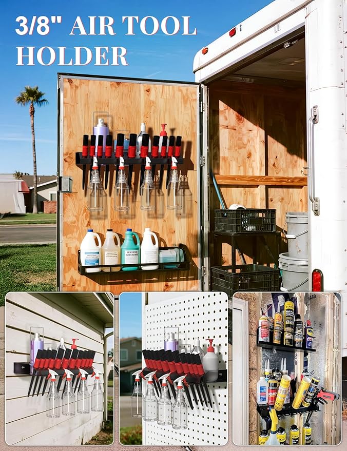 Spray Bottle Storage Rack, Wall Mount Bottle Organizer Car Detailing, Detailing Brush Organizer, Car Beauty Shop Accessory Display, 3/8" Air Tool Holder for Garage and Workspace, 1Pcs, Black