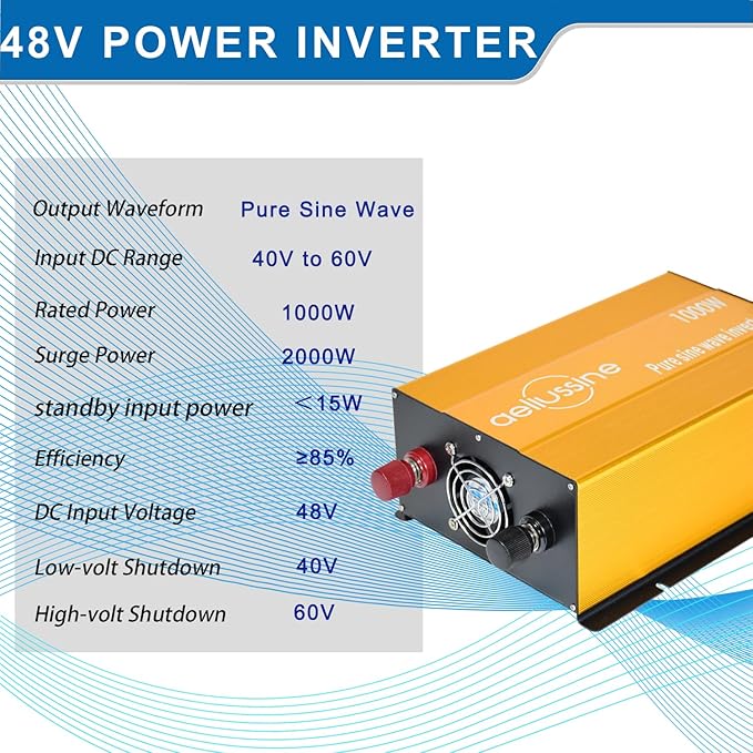 1000W Pure Sine Wave Inverter-48V DC to 110V 120V AC Power Converter with 2 AC Outlets, 48 Volt Power Inverter for Truck, Rv, Camping, Home, Emergency Power