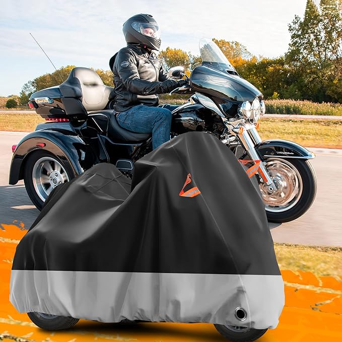 Trike Motorcycle Cover, Outdoor Waterproof Vehicle Cover with Windproof Buckle Reflective Strip for Harley Davidson, Honda Gold Wing, Kawasaki 3 Wheel Motorcycle Accessories (Black&Grey)