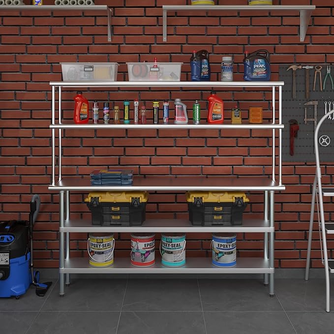 Amgood Stainless Steel Work Table with 2 Shelves & Overshelf | Metal Kitchen Prep & Shelving Combo (14" x 72" Table + 12" Overshelf)