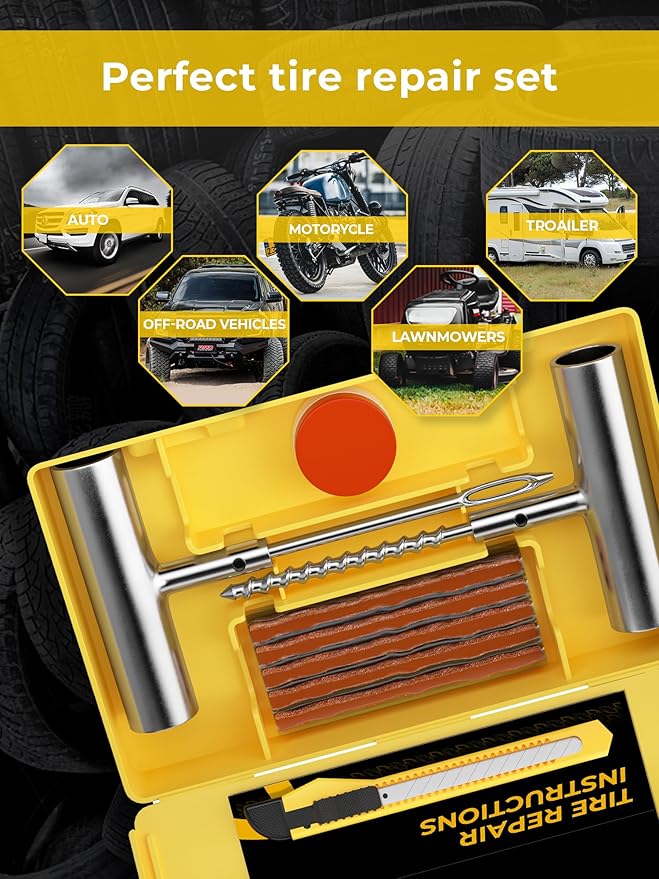 Tire Repair Kit with Plugs Fix Punctures & Plug Flats with Ease - Heavy Duty Flat Tire Puncture Repair Kit for Car, Motorcycle, ATV, UTV, RV, Trailer, Tractor, Jeep, Etc