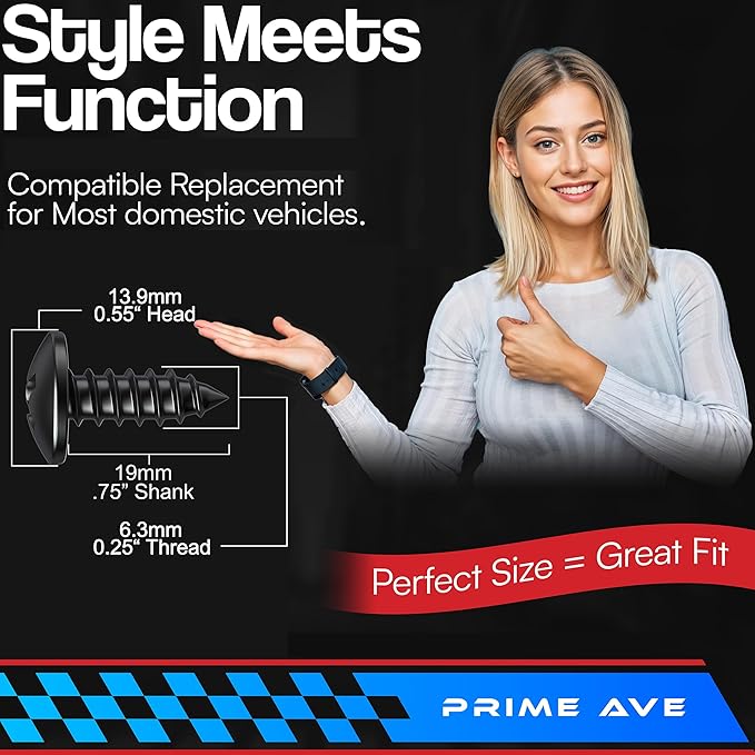 Black Oxide Stainless Steel License Plate Screws for License Plates, Frames, Covers - Durable & Rust Proof Licence Plate Screw Set for Front/Rear - Compatible with Ford Lincoln (Pack of 8)
