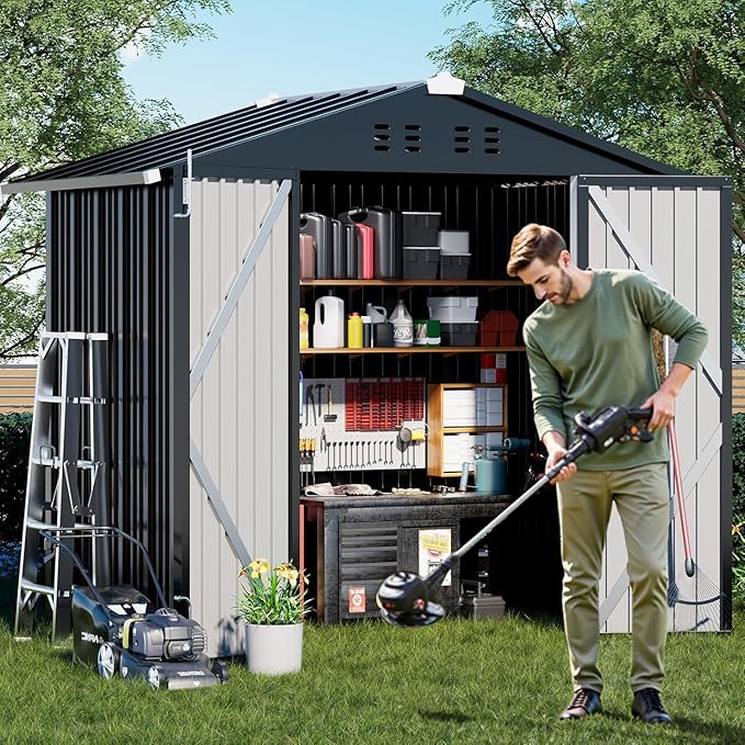 COMHOMA Shed Outdoor Storage Shed Metal,Lockable Doors Tool Sheds with Sloping Roof,Steel Garden Shed with Air Vent for Backyard,Patio,Lawn,Poolside (Grey, 6'*4')