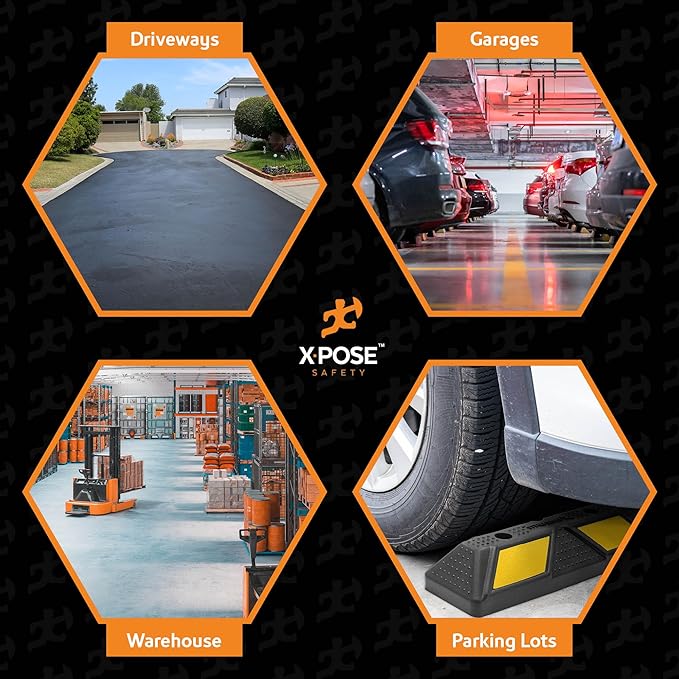 Xpose Safety 22" Heavy Duty Rubber Parking Stopper – 2 Pack Wheel Blocks for Garage, Driveway, or Ramp – Car Bumper Stop with Yellow Reflective Strips – Removable Floor Mount