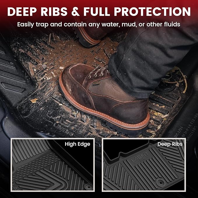 LASFIT Floor Mats for Rivian R1T 2024 2023 2022, All Weather Floor Liner TPE Custom Fit Car Mats for Rivian R1T 1st & 2nd Row Rubber Mats, Black,Tasteless, Durable and Easy to Clean