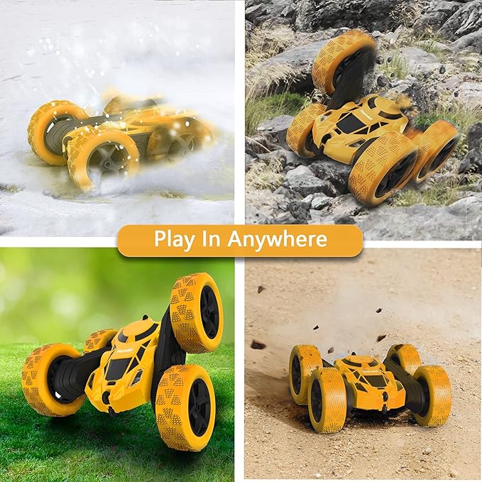 Remote Control Car Double Sided 360°Rotating 4WD RC Cars with Headlights 2.4GHz Electric Race Stunt Toy Car Rechargeable Toy Cars for Boys Girls Birthday (Yellow)