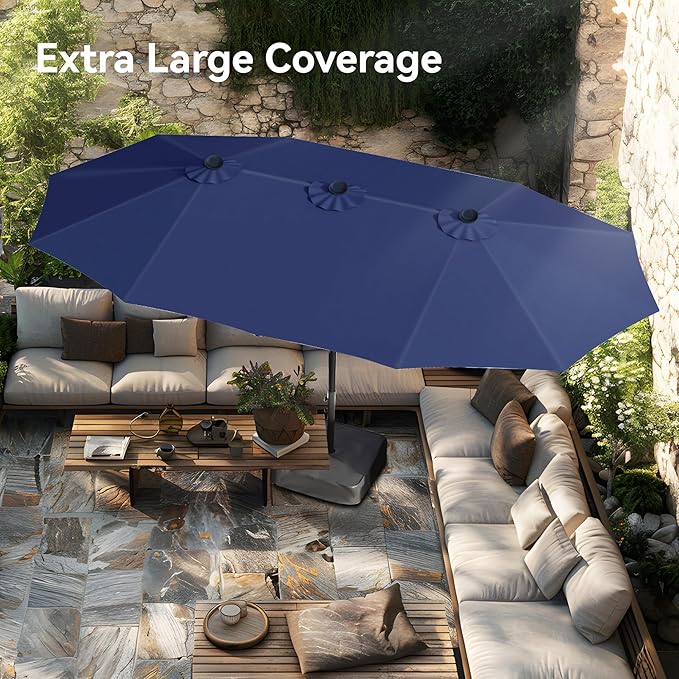 PHI VILLA 15ft Large Patio Umbrellas with Base Included, Outdoor Double-Sided Rectangle Market Umbrella with Crank Handle, for Pool Lawn Garden, Blue