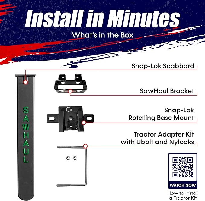 SawHaul Snap-Lok Universal Chainsaw Carrier Kit for Tractors and Skid Steers – 36 Inch Green Scabbard with Rotating Mount – Compatible with All Chainsaw Brands – Made in USA