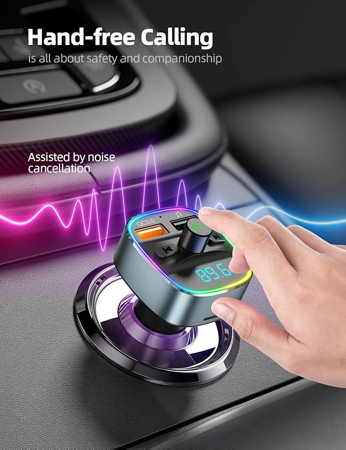 Nulaxy Bluetooth FM Transmitter for Car,Bluetooth Car Adapter with Dual USB Charging Car Charger MP3 Player Support TF Card & USB Disk,Hands-Free Calling,7 Colors Led Backlit Light-Gray