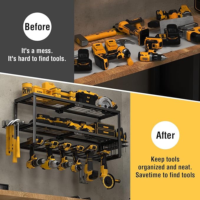 YYR Heavy Duty Power Tool Organizer Wall Mount, Cordless Drill Hanger Storage Rack, Battery Tools Holder with Charging Station Shelf for Garage Organization, Workshop, Pegboard, Shed - 24 Inch 6 Slots