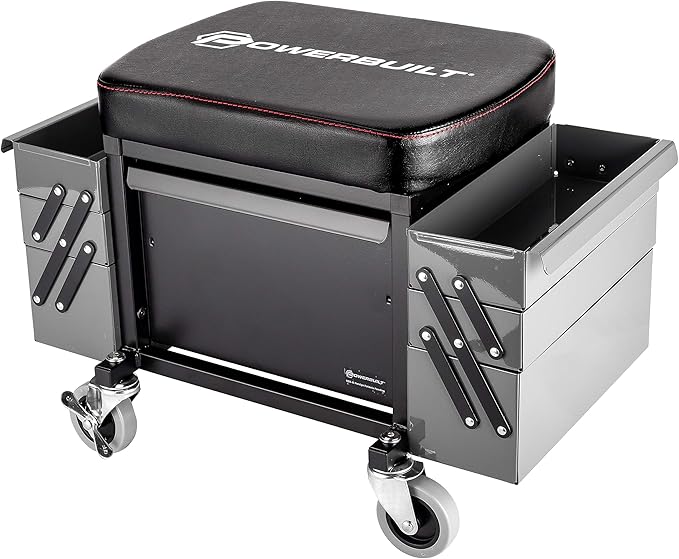 Powerbuilt Rolling Seat with Expandable Tool Trays, Roller Toolbox Garage Stool - Grey 941918ECE