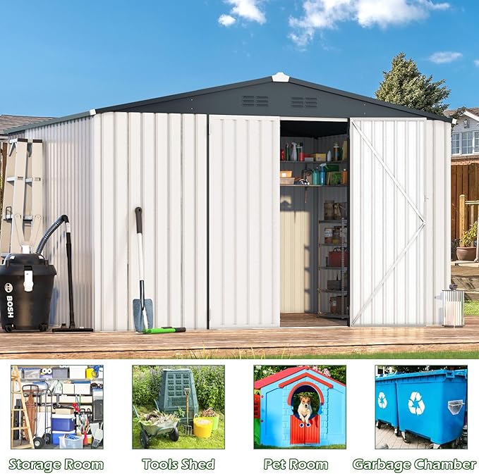 AECOJOY Shed 12' x 10' Storage Shed Large, Sheds & Outdoor Storage Clearance 10x12 Sheds with Lockable Doors, Utility and Tool Storage Shed for Garden, Backyard, Patio, Outside use in White