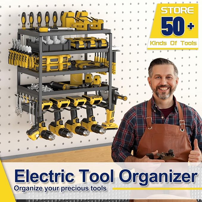 Power Tool Organizer, 5 Layer Drill Holders Wall Mount, Heavy Duty Metal Organizers and Storage Rack for Garage Organization, Tools Shelves with Screwdriver Plier Hammer Holder, Black