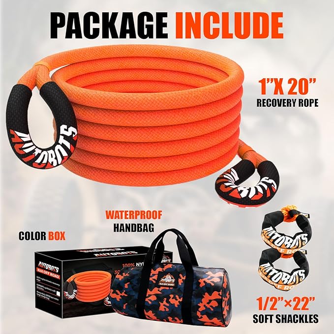 AUTOBOTS Kinetic Recovery Rope 1" x 20'(48,600lbs)+2 Soft Shackles，Heavy Duty Tow Rope Tow Strap for Truck ATV UTV SUV Car，Offroad Recovery Kit