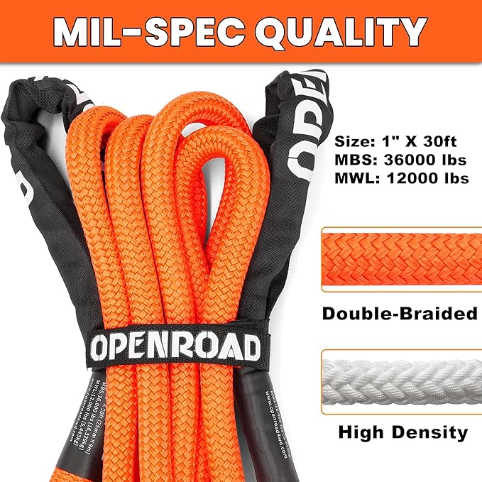 OPENROAD 1" x30ft Kinetic Recovery Rope 36,000LBS Heavy Duty Offroad Tow Strap, 35% Elasticity Snatch Rope for Jeep, Truck, ATV, UTV - Orange (Includes Storage Bag)