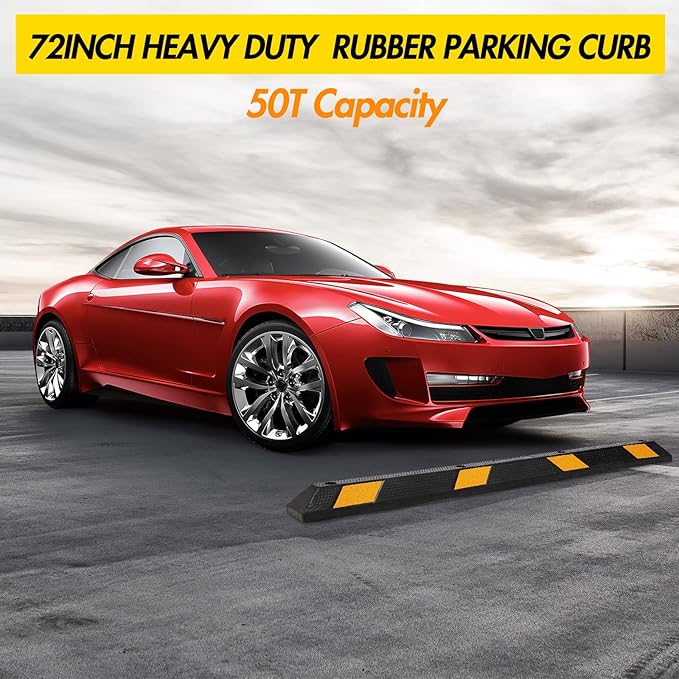 Parking Stoppers for Garage, 72 Inch Premium Parking Block Curb with Yellow Reflective Stripe, Heavy Duty Wheel Stopper for Cars, Vehicles, Trucks, Installation Kits Included, Pack of 2