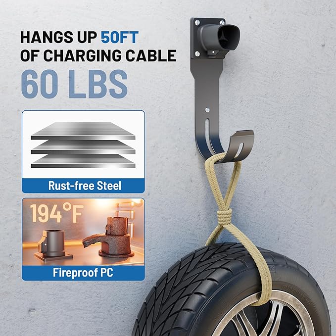 MECMO for Tesla Charger Holder - Wall Mount Dock & J-Hook for Model 3/Y/X/S, Heavy Duty Steel EV Charging Cord Hanger Compatible with NACS Connector