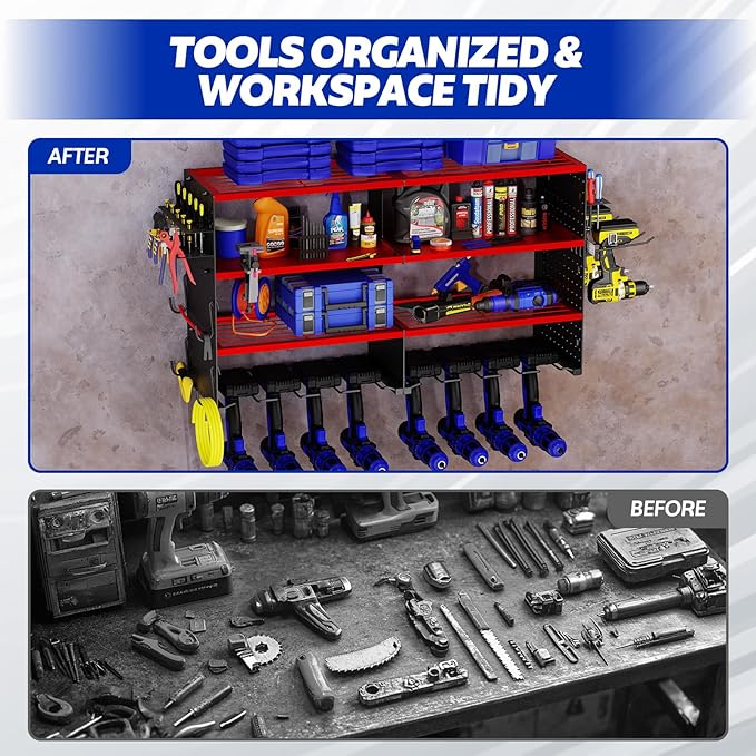 FAHKNS Power Tool Organizer Wall Mount, 4 Layer Heavy Duty Metal Tool Storage Rack, Garage Wall Organizers with 8 Drill Holder Screwdriver Holder, Cordless Tool Organizer for Garage Workshop Shed