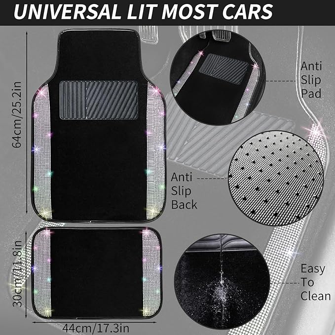 NBTEPEM Multicolor Bling Car Floor Mats Full Set, Universal Fit Most Cars,SUV, Trucks, 4 pcs Sparkle Glitter Diamond Carpet for Women Girls with Anti-Slip Pad (Colorful Diamond)