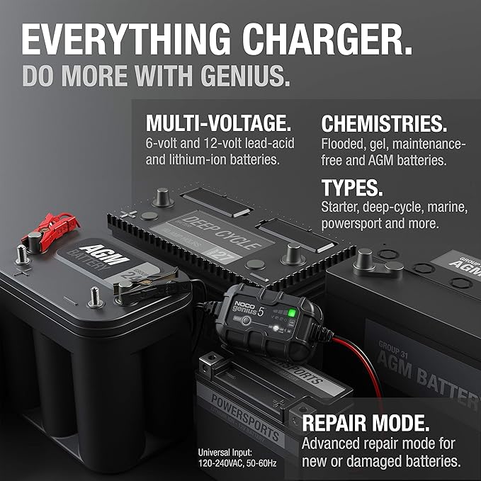 NOCO GENIUS5: 5A 6V/12V Smart Battery Charger – Automatic Maintainer, Trickle Charger & Desulfator with Overcharge Protection & Temperature Compensation – For Lead-Acid & Lithium Batteries