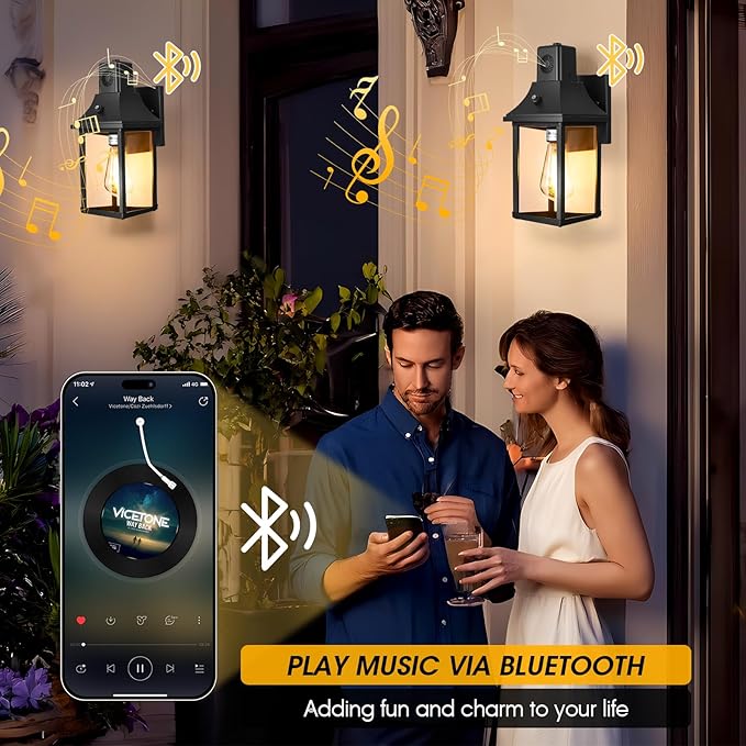 2PACK Bluetooth Speaker Outdoor Wall Lights - Porch Lights Outdoor with Dusk to Dawn Sensor, Waterproof Exterior Lighting Fixtures for House, Garage, Front Door, E26, Black