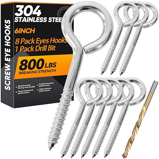 8Pcs 6 Inch Heavy Duty Screw Eyes Hooks, 304 Stainless Steel Self Tapping Eyelet Screw Eye Bolts,800LBS Breaking Strength, Screw in Eye Hooks for Wood Securing Cables Wire. (8, M10-6 Inch)