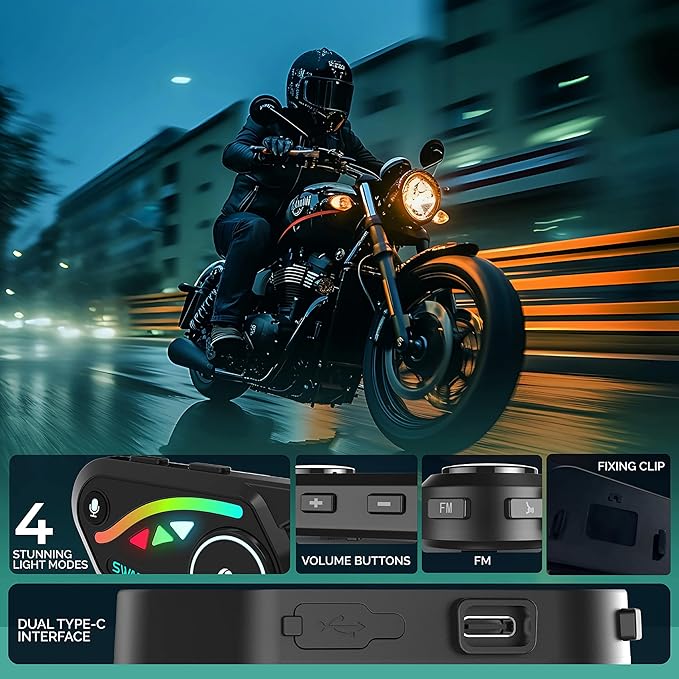 V8 Motorcycle Bluetooth Headset, Helmet Intercom with FM and Music Sharing Noise Cancelling DSP&CVC HiFi Stereo 1000M to 2000M Intercomunicador Moto (Dual Pack, 2X)