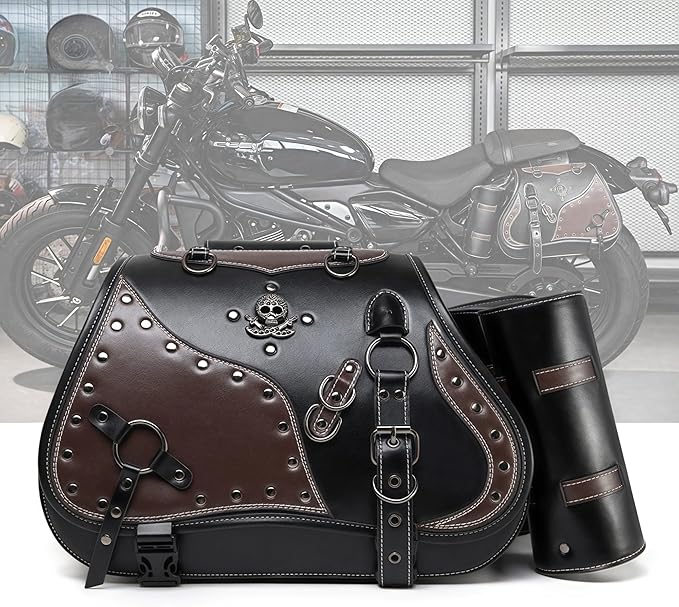 Motorcycle Saddlebags, 30L Leather Waterproof Side Saddle Bags with Cup Holder, Universal Powersports Saddlebags for Harley Davidson Sportster Dyna Softail Honda Shadow Rebel Yamaha Kawasaki Vulcan