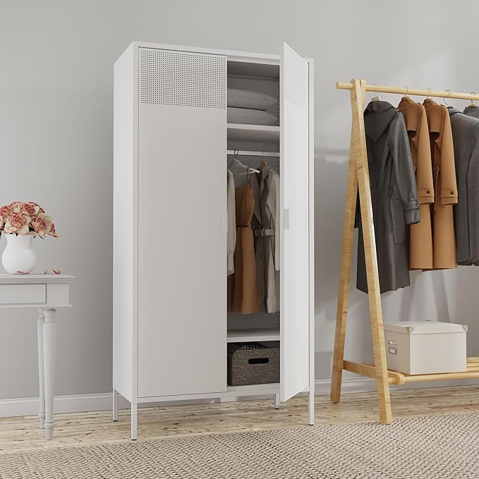 Metal Storage Cabinets Locker with Hanging Rod and Adjustable Shelves, 71'' Clothing Steel Storage Wardrobe for Home & Office, School, Employee,Gym(White, 71''H-Wardrobe)