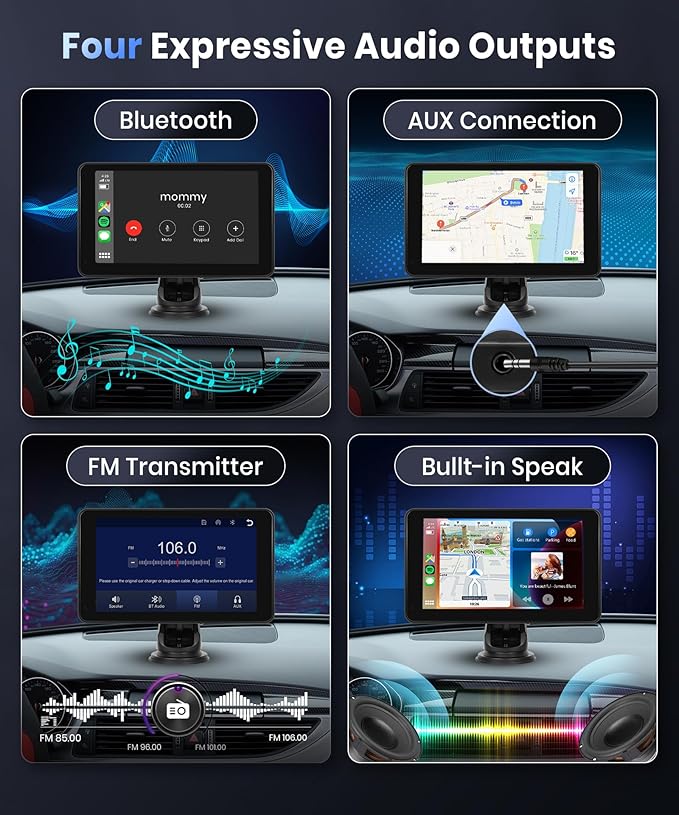 Podofo Wireless Carplay Screen for Car,7inch 1080P HD IPS Touch Screen Portable Car Radio Audio Receivers, Wireless Android Auto Screen 2 Mount/2 Bluetooth/MirrorLink/GPS/Voice Control/AUX/FM Transmit