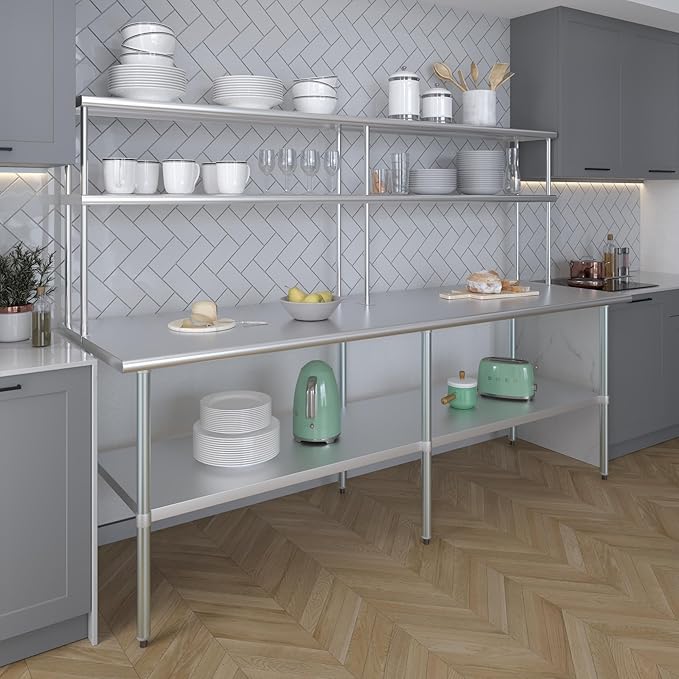 Amgood Stainless Steel Work Table Double Tier Overshelf | Metal Kitchen Prep Table & Shelving Combo (30" x 96" Work Table + 12" Overshelf)