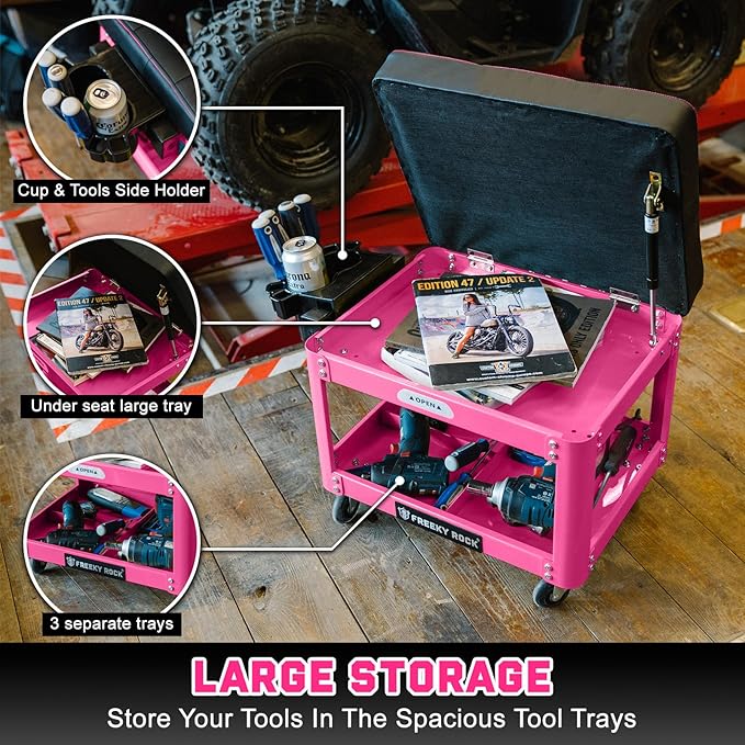 Rolling Mechanic Shop Stool with Wheels, Garage Mechanics Stool with 2 Layer Repair Tools Tray, Padded 360° Swivel Automotive Roller Creeper Seat Shop Chair, Heavy Duty, 330 LBS Capacity, Pink