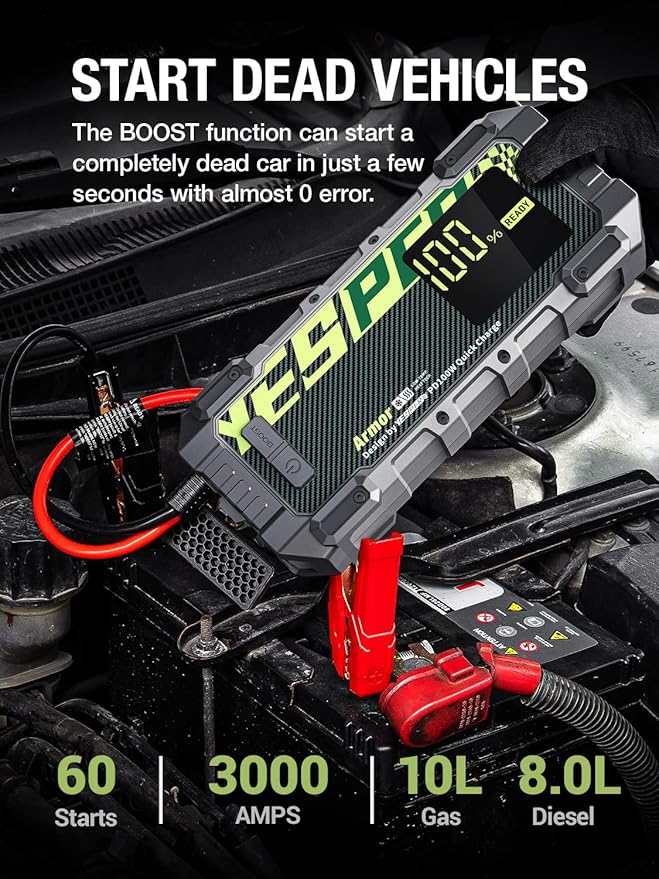 YESPER Car Jump Starter, 3000A Peak Portable Jump Starter with Pre-Heat Tech(-40°F~140°F) 12V Car Charger Jump Starter(10.0L Gas/8.0L Diesel, 60 Times) Jumper Box with PD100W