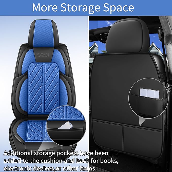 Car Seat Cover Custom Fit for Dodge Ram 1500 2500 3500 2002-2024 Faux Leather Seat Cover Set Compatible with Crew Quad Regular Cab Pickup Truck Cushions (Black & Blue, Front Seat)