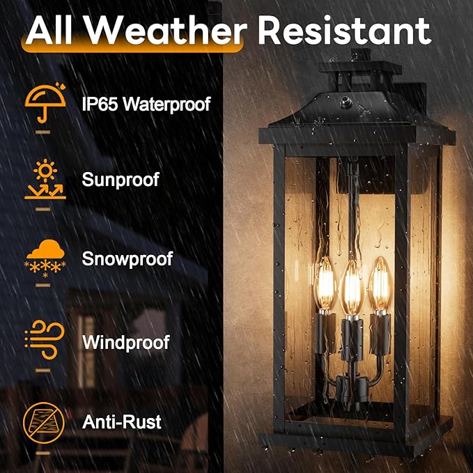20" Large Dusk to Dawn Exterior Wall Light Fixture 3-Light, Black Outdoor Porch Lantern Wall Mounted, Waterproof Modern Outside Wall Sconce Garage Patio Coach Lamp for House, E12