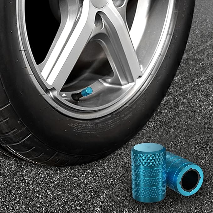 CKAuto Tire Valve Stem Caps, Cyan, 4 pcs/Pack, Anodized Aluminum Tire Valve Cap Set, Corrosion Resistant, Universal Stem Covers for Cars Trucks Motorcycles SUVs and Bikes