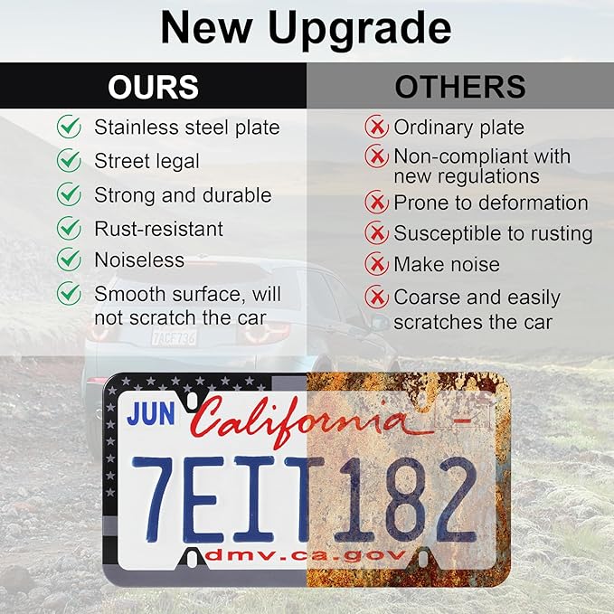 LivTee American Flag License Plate Frames, 4 Holes Stainless Steel License Plate Covers, 2PCS Car License Plate Holder, Automotive Exterior Accessories, Black-Gray