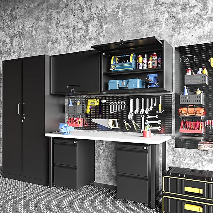 Metal Wall Storage Cabinet Adjustable Shelf 22'' Tall Steel Garage Wall Mounted Cabinet Lockable Floating Garage Storage Shop Trailer Tool Assembly Required