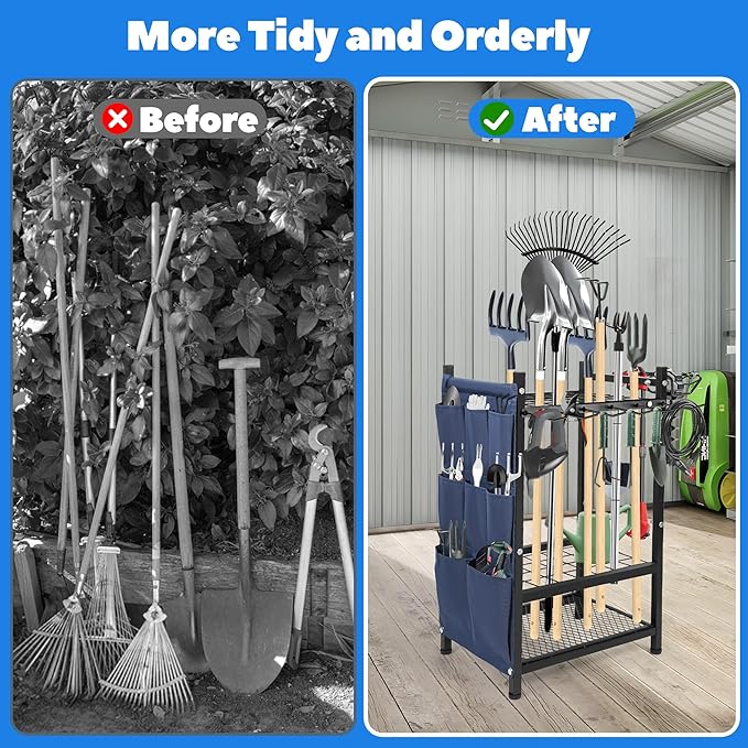 Garden Tool Rack Freestanding, Heavy Duty Garden Tool Organizer, 3-tier Tool Rack, Multifunctional Yard Tool Storage with Hooks and Storage pockets for Outdoor Long-Handled Broom Shovel Rake