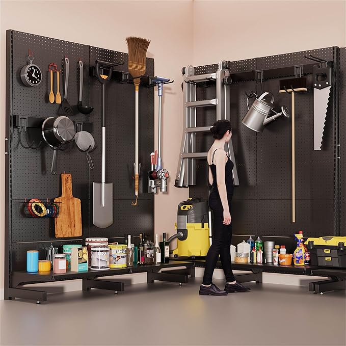JWX Garage Pegboard Tool Organizer Free Standing, Organizer Storage Rack with 21 Pegboard Storage Set Max 300 lbs Super Heavy Duty Garden Tool Hanger Rack for Ski Gears, Broom, Shovel Yard Tools