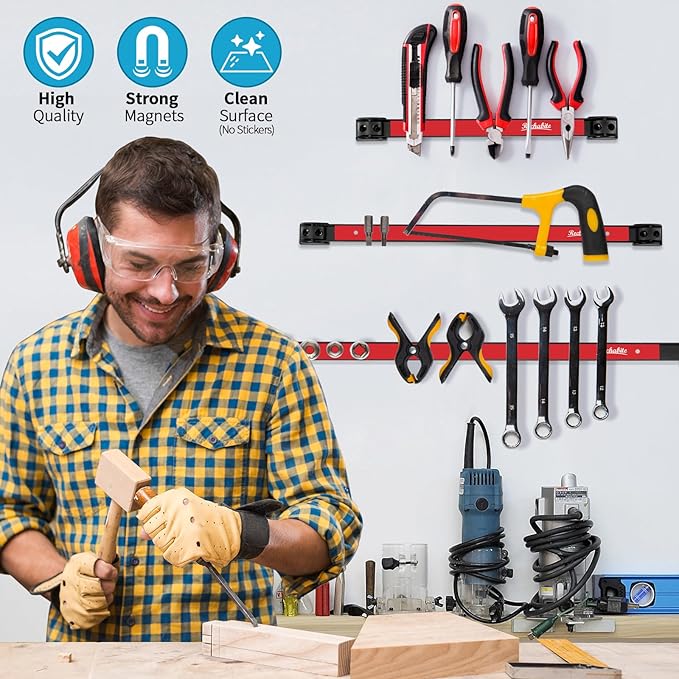 12" 18" 24" Magnetic Tool Holder Strip, Red Magnet Bar, Metal Tool Organizer Rack for Garage Organization, Easy To Install in Workshop, Mounting Screws Included