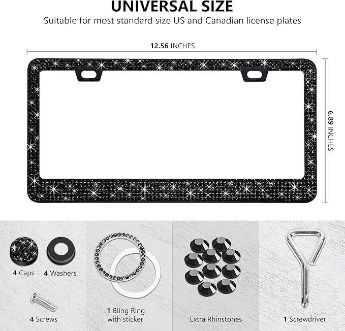 2 Pack Black Bling License Plate Frames for Women - Stainless Steel with Diamond Sparkly Rhinestone License Plate Holders - Perfect Birthday for Auto Lovers
