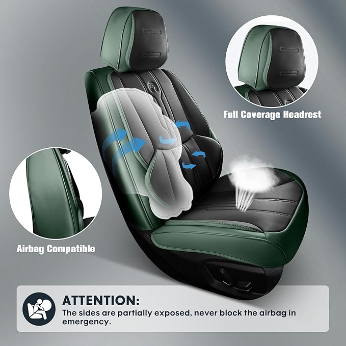 AOOG Car Seat Covers Full Set, Leather Seat Covers for Car, Waterproof Car Seat Protector with Lumbar Support, Automotive Seat Covers Universal Fit for Most Cars SUV Trucks (Full Set, Green&Black)