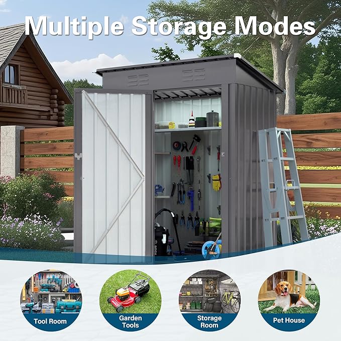 5X3 FT Metal Outdoor Storage Shed, Waterproof Tool House with Pitched Roof and Lockable Door, Weather-Resistant Garden Sheds for Backyard, Patio, Sundries and Bike Storage, Gray